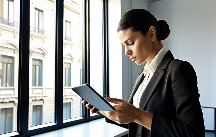 **
A professional, stylish Italian businesswoman using the Eisenhower Matrix to prioritize tasks on a sleek digital tablet. The scene is a modern, sunlit office in Milan, reflecting a balance of urgency and importance in her daily workflow.
**