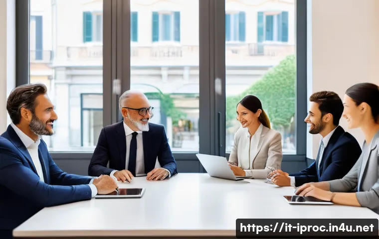 구매조달사로서 커뮤니케이션 능력 향상법 - A professional business meeting scene in a modern Italian office, featuring diverse suppliers and bu...