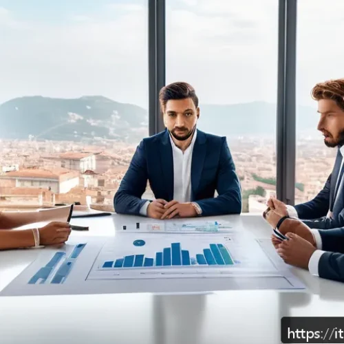 구매조달사와 계약 관리의 중요성 - A professional business meeting scene in a modern Italian office, showing a diverse group of men and...