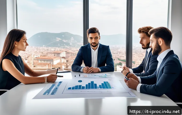 구매조달사와 계약 관리의 중요성 - A professional business meeting scene in a modern Italian office, showing a diverse group of men and...
